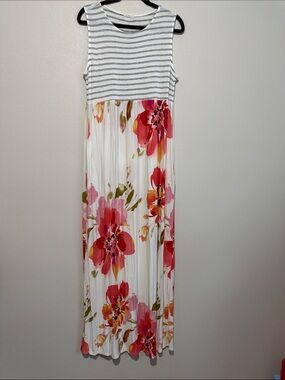 Striped Bodice White Maxi Dress with Pink Floral Skirt